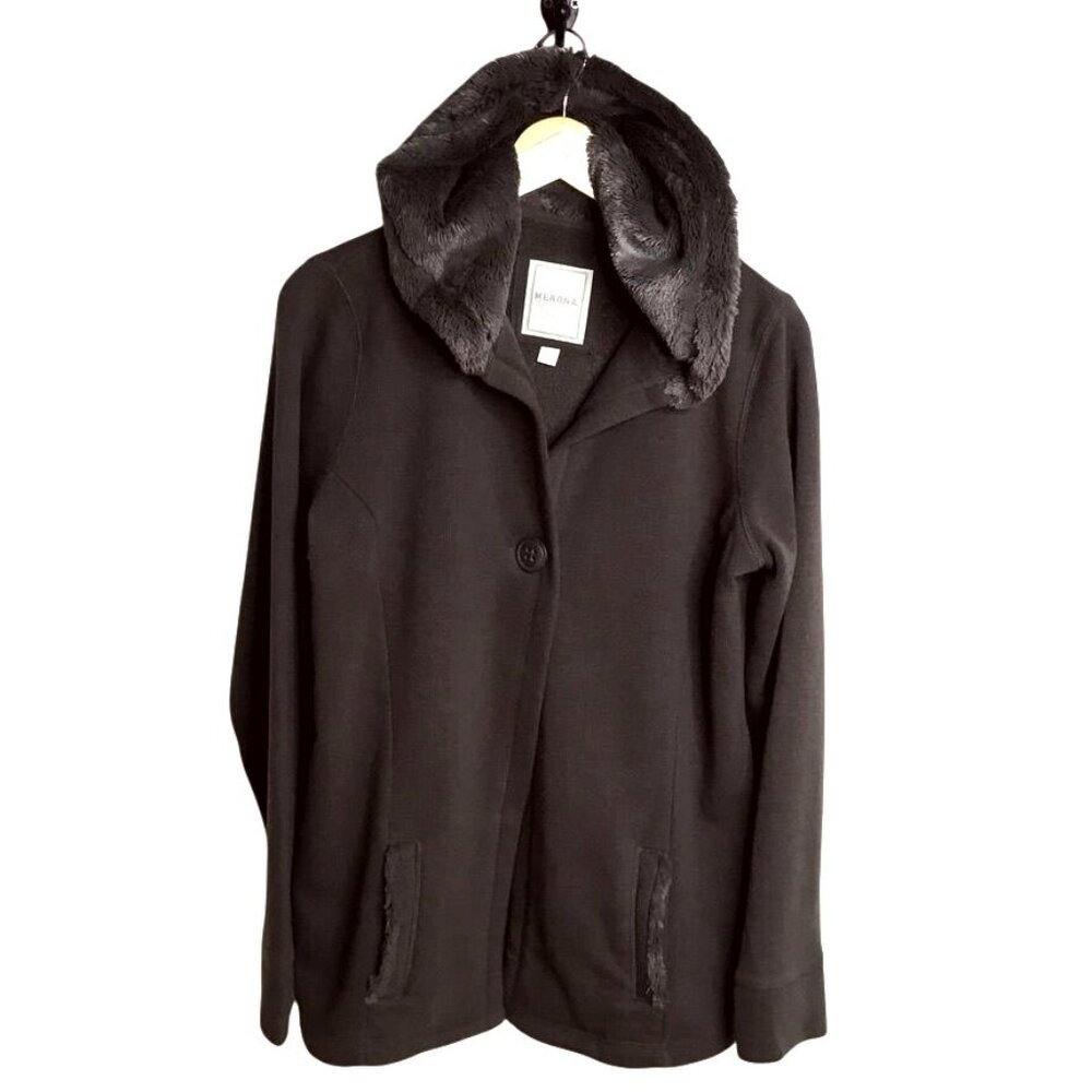 Merona Womens Hooded Brown Fleece Lined Jacket Button Closure Front Pocket Sz L